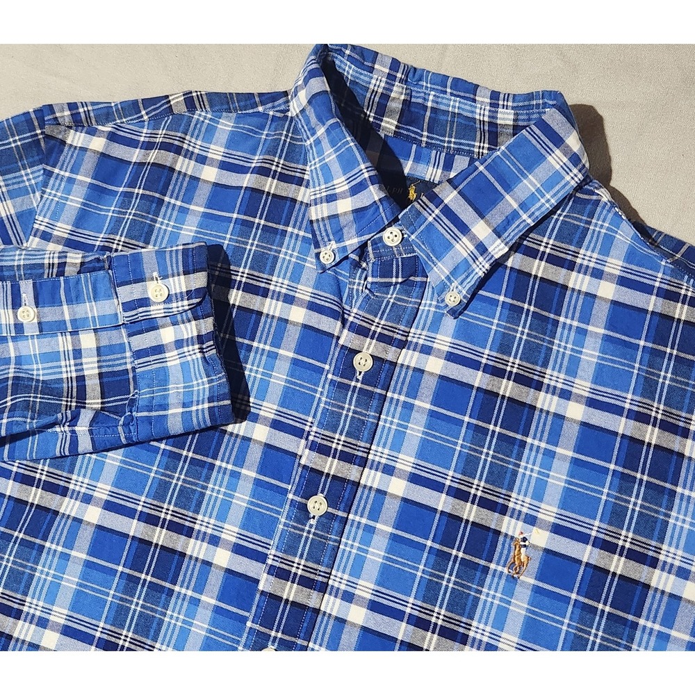 men's RALPH‎ LAUREN long sleeve button up Blue/White PLAID natural Pony size L